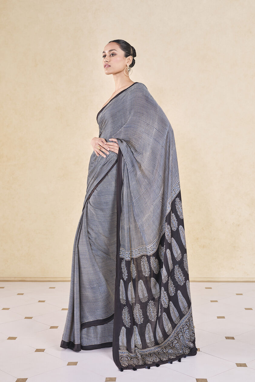 Korat Handcrafted Ajrakh Saree - Black, Black, image 3